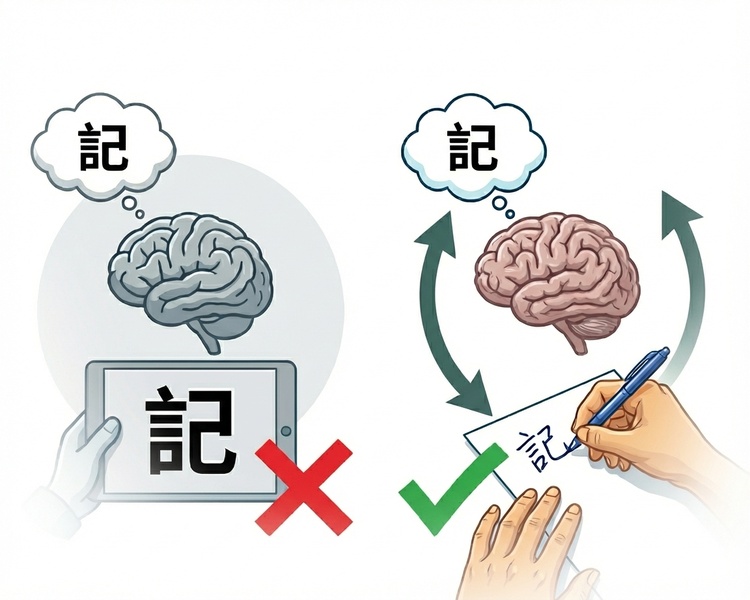 主動提取練習對比圖：左側顯示被動閱讀（錯誤方法），右側顯示主動手寫（正確方法）
